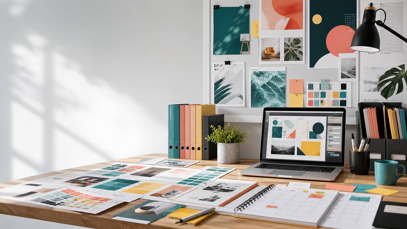 Graphic design planning desk with moodboards and campaign assets